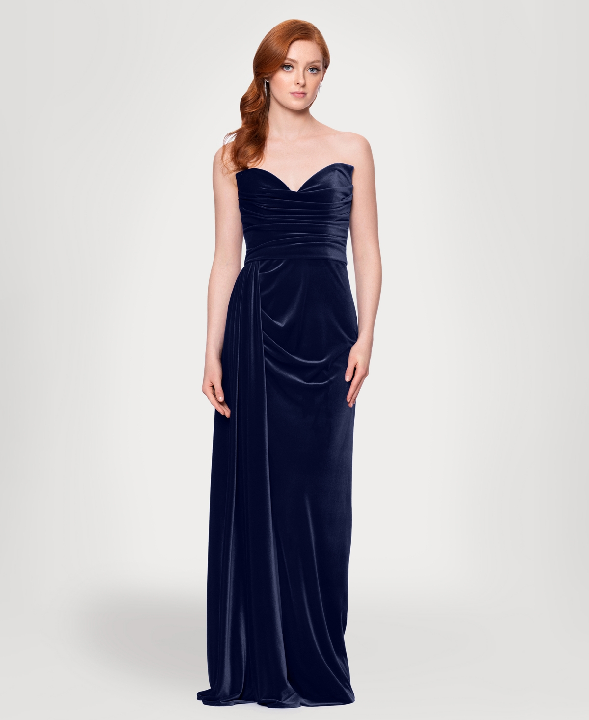 Blondie Nites Drape Strapless Velvet Gown In Blue