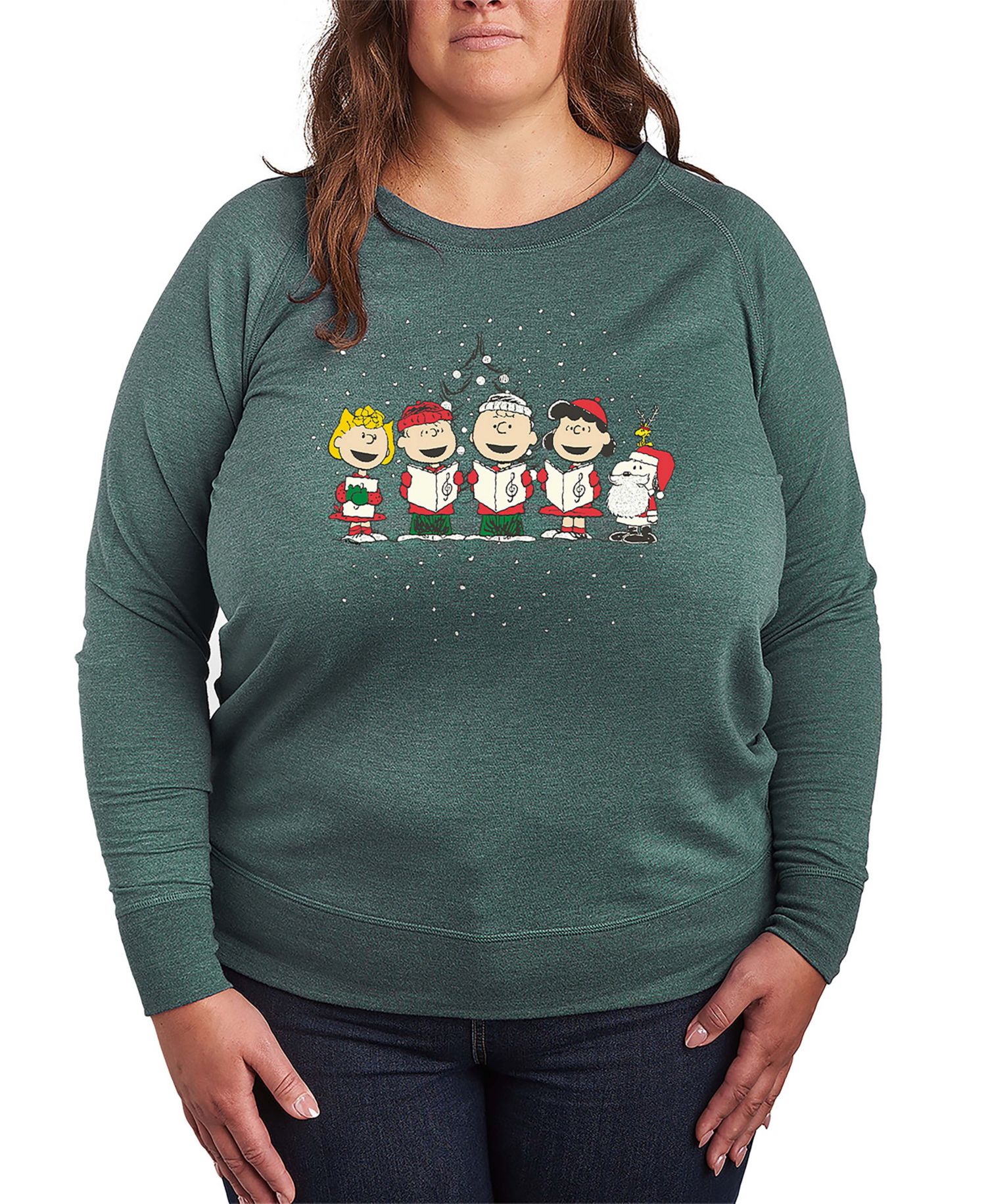 Plus Size Peanuts Gang Christmas Caroling French Terry Long Sleeve T-Shirt