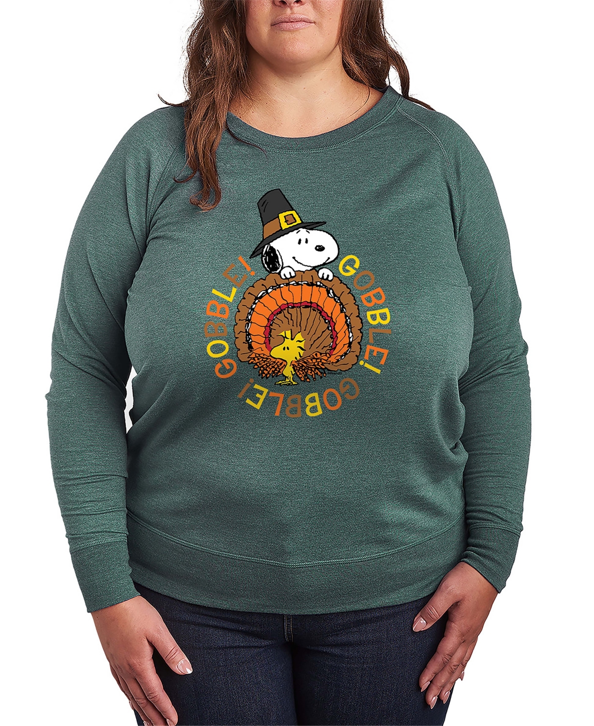 Hybrid Apparel Thanksgiving Turkey Snoopy And Woodstock Women's French Terry Long Sleeve Shirt In Green