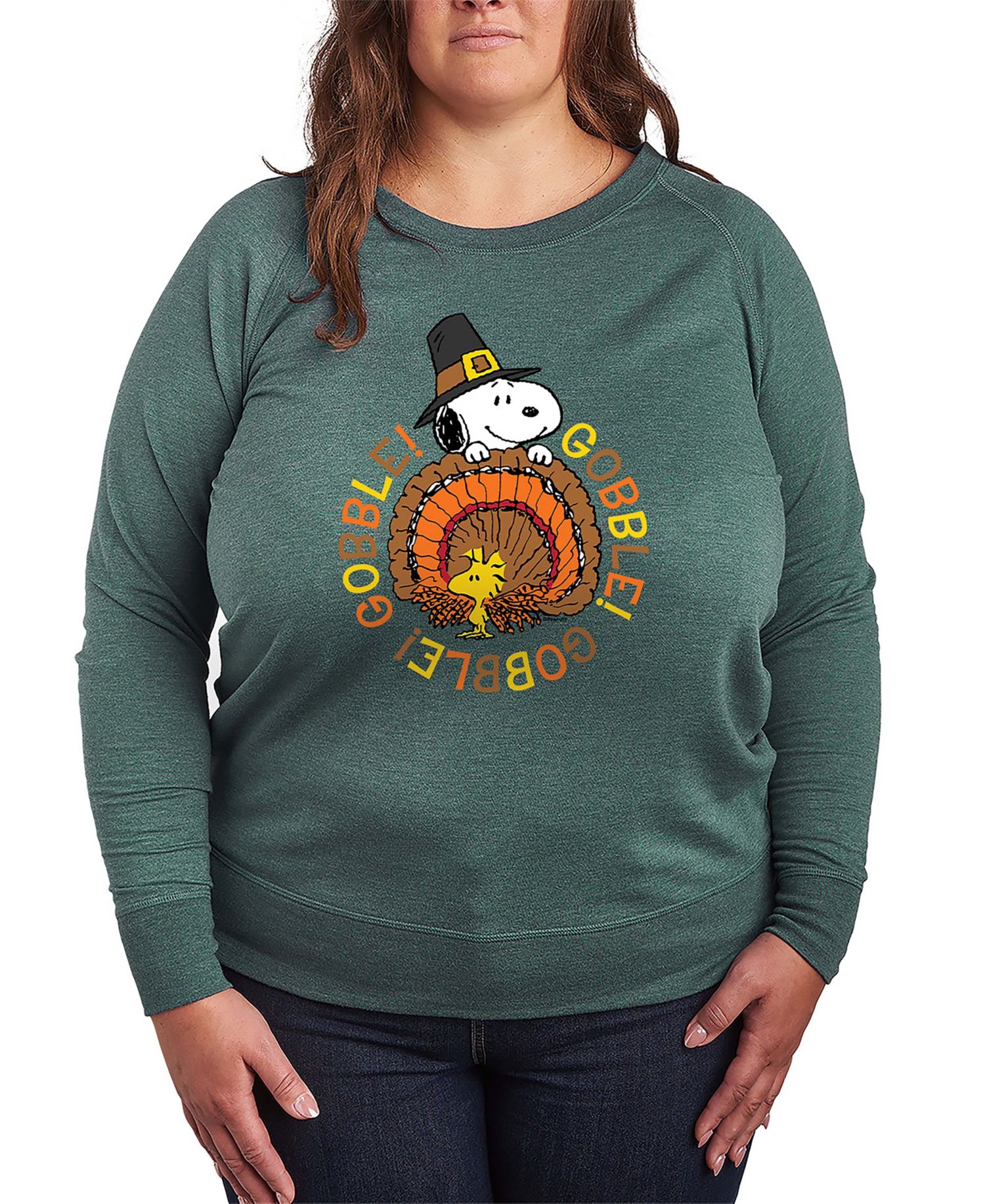 Plus Size Thanksgiving Turkey Snoopy and Woodstock French Terry Long Sleeve T-Shirt