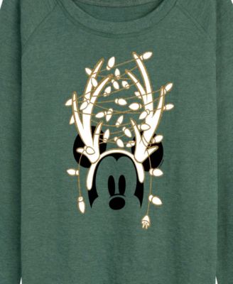 Plus Size Disney Mickey Mouse Antlers ans Christmas Lights French Terry Long Sleeve T-Shirt
