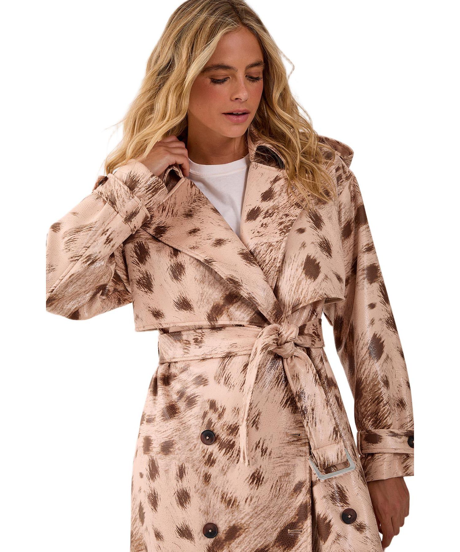 Women's Cow Print Faux Leather Trench Coat