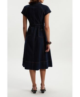 Women's Button Up Belted Denim Midi Dress
