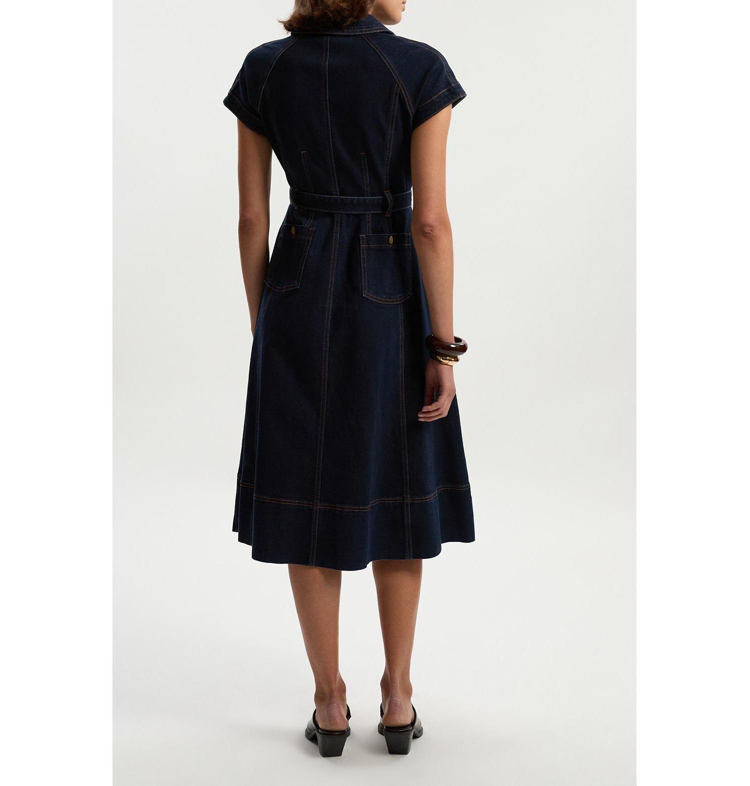 Women's Button Up Belted Denim Midi Dress