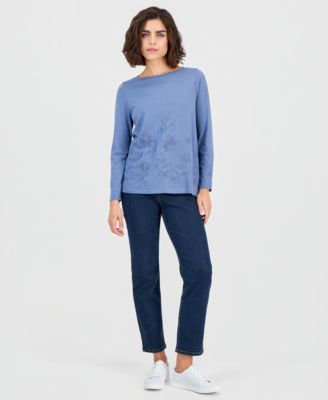 Women's Embroidered Boat-Neck Long-Sleeve Top, Macy's Exclusive 