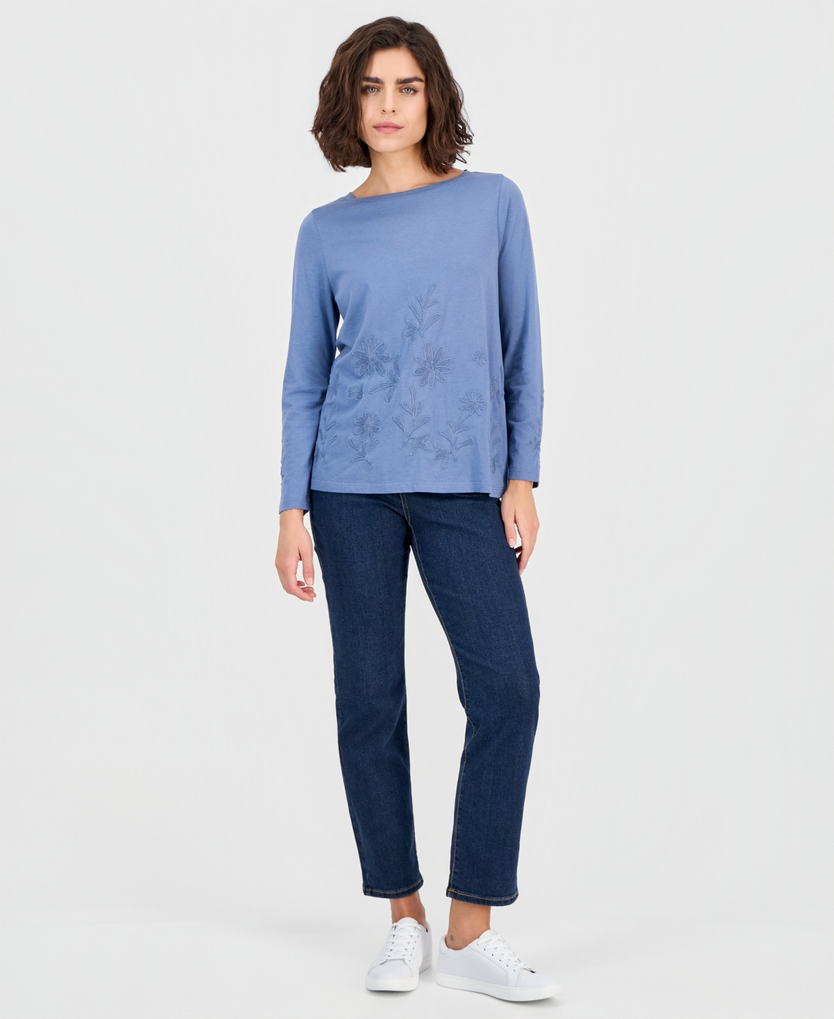 Style & Co Women's Embroidered Boat-neck Long-sleeve Top, Macy's Exclusive In Blue