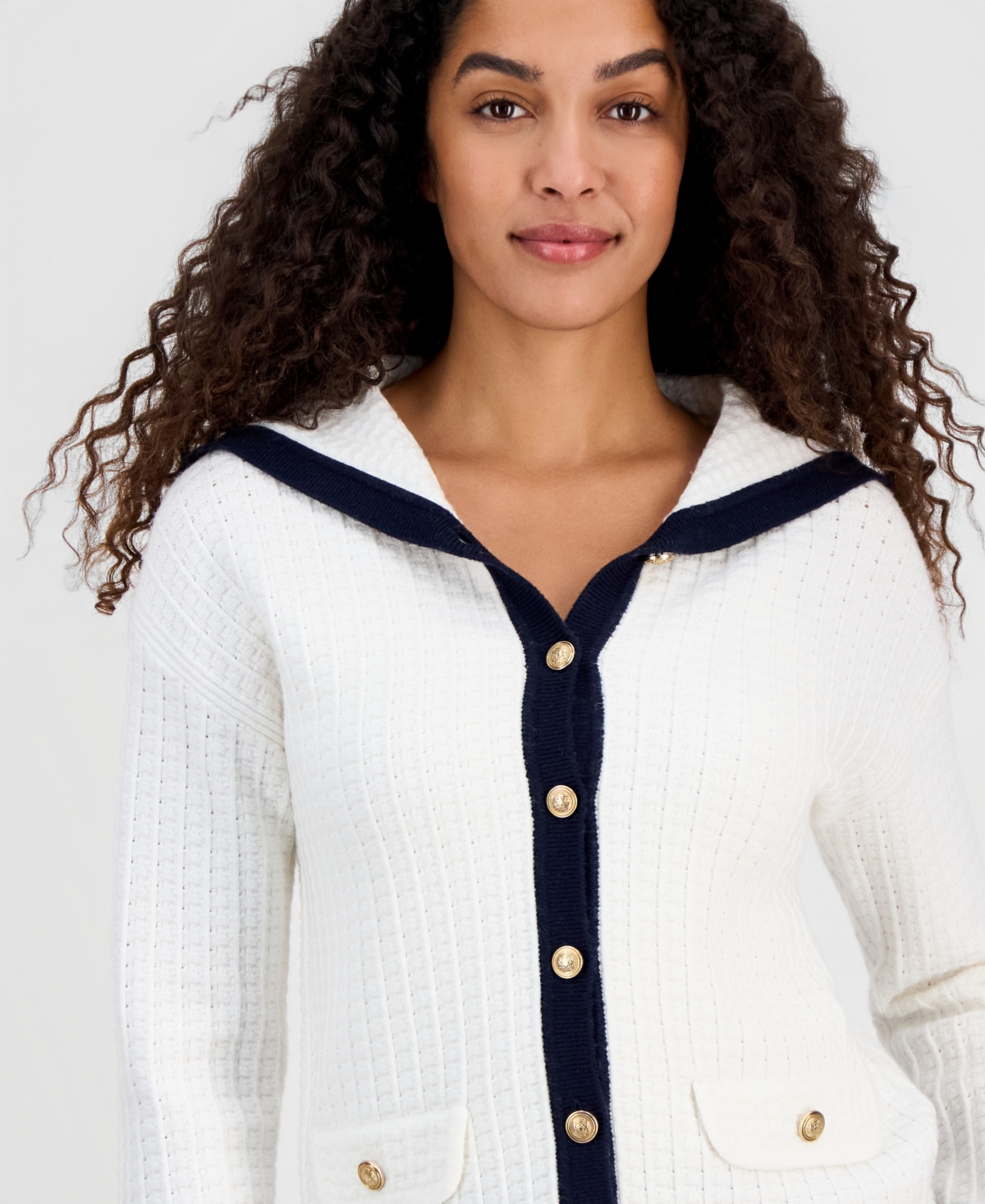 T Tahari Women's Sailor-Collar Tipped Cardigan