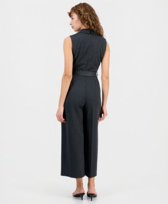 Women's Pinstriped Notched Collar Jumpsuit