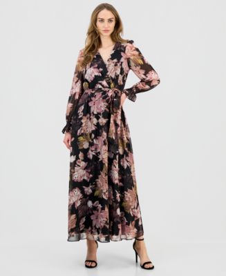 Anne Klein Women's V-Neck Belted Long-Sleeve Maxi Dress - Macy's