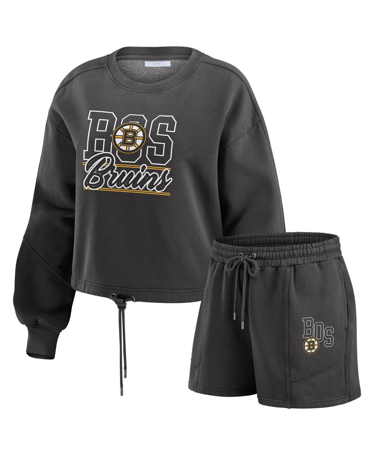 Wear By Erin Andrews Women's 2-piece Black Boston Bruins Washed Fleece Sweatshirt And Shorts Lounge Set