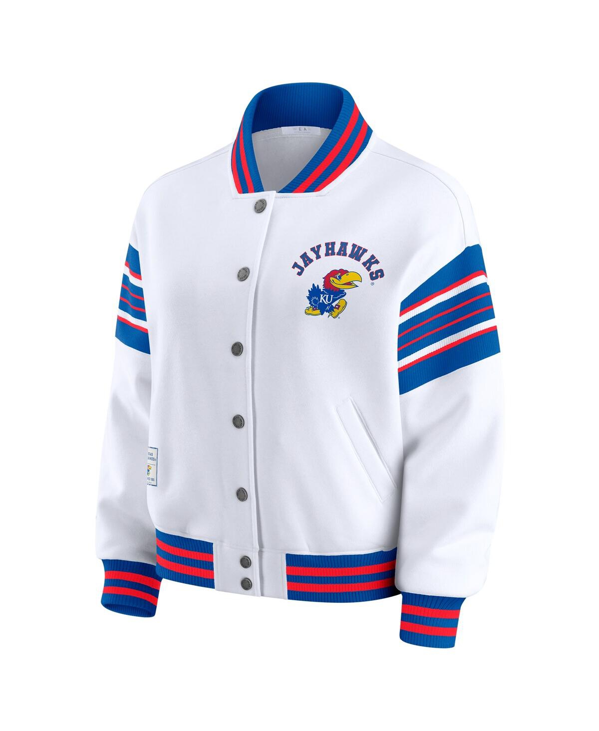 Wear By Erin Andrews Women's White/royal Kansas Jayhawks Satin Stitch Full-snap Fleece Sweatshirt Jacket In White