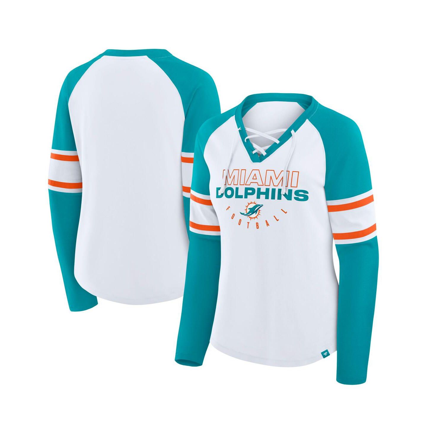 Женская футболка Fanatics White/Aqua Miami Dolphins Redzone Blitz Package Raglan Lace-Up V-Neck Long Sleeve — фото 1