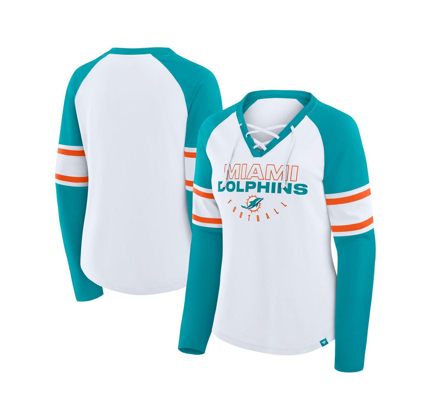 Women's White/Aqua Miami Dolphins Redzone Blitz Package Raglan Lace-Up V-Neck Long Sleeve T-Shirt