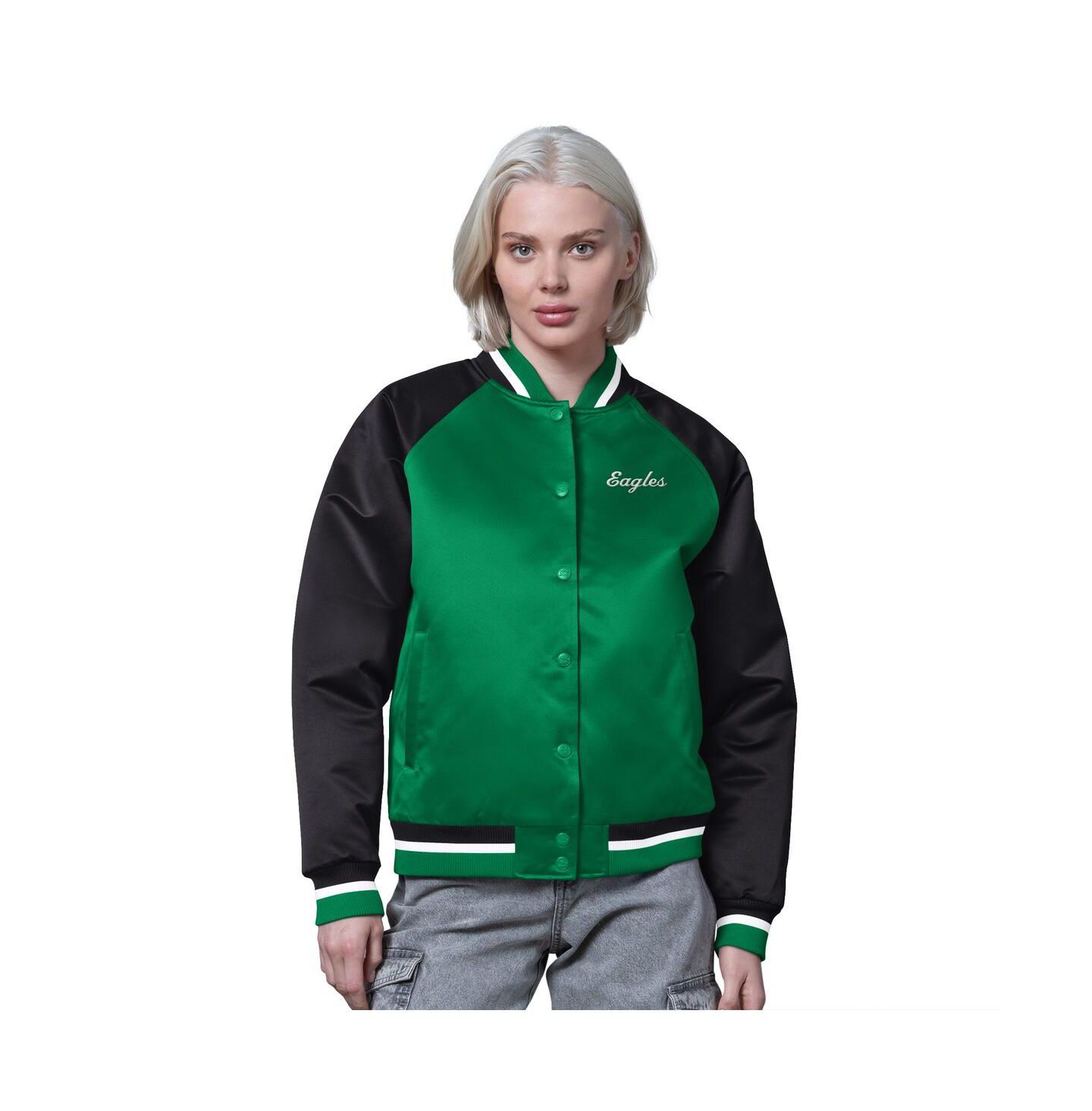 Женская куртка Starter Kelly Green/Black Philadelphia Eagles Satin Full-Snap Vintage Varsity — фото 1