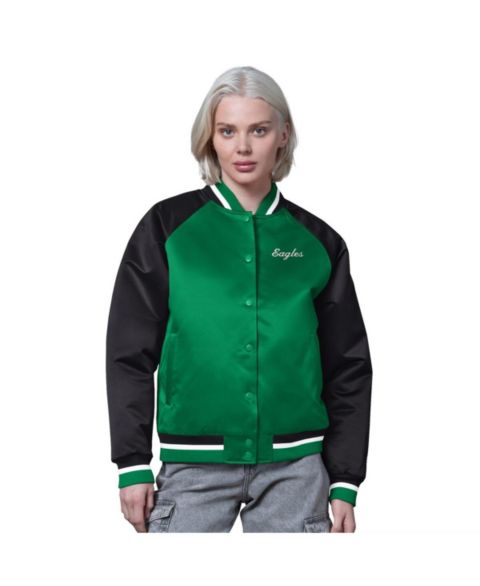 Женские куртки Starter Kelly Green/Black Philadelphia Eagles Satin Full-Snap Vintage Varsity Jacket