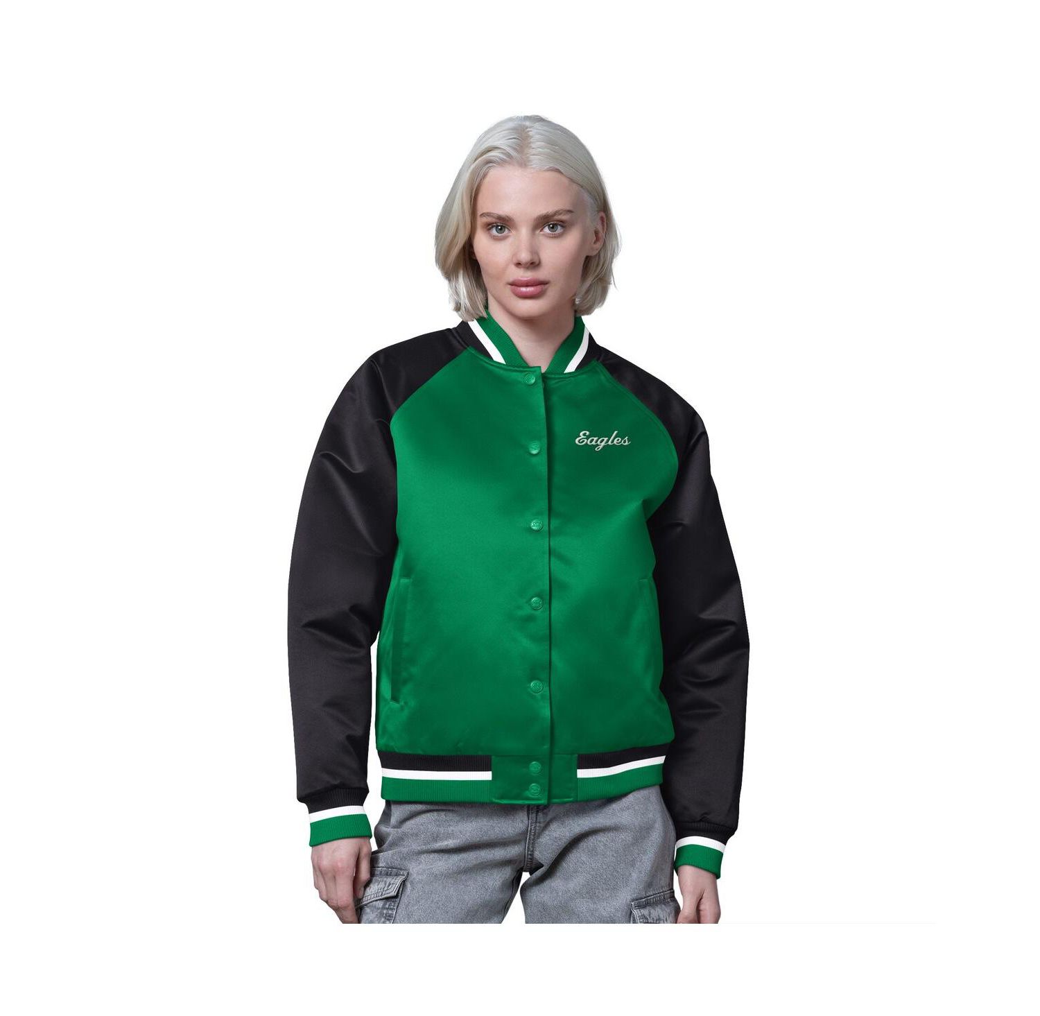 Women's Kelly Green/Black Philadelphia Eagles Satin Full-Snap Vintage Varsity Jacket