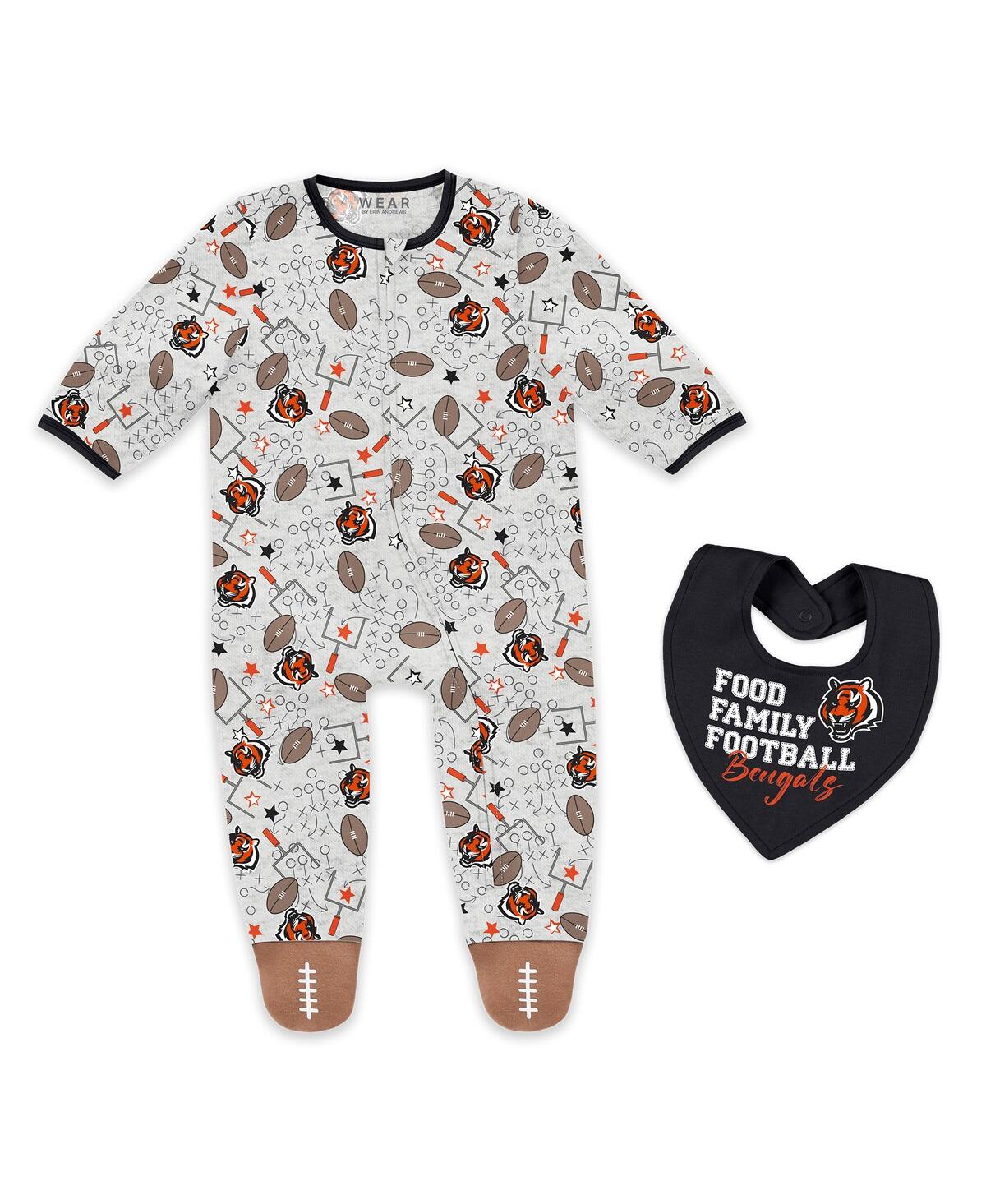 Wear By Erin Andrews Baby Boys And Girls Newborn Cincinnati Bengals Sleep And Play Full-zip Sleeper Bib Set In Gray