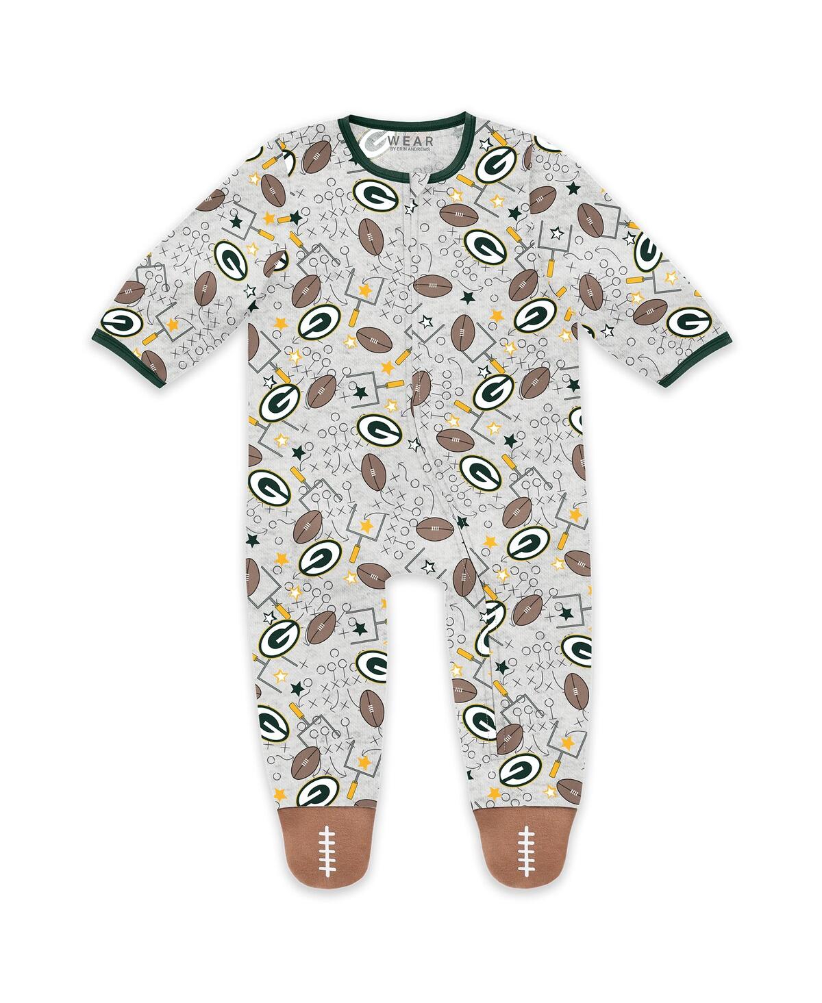 Wear By Erin Andrews Baby Boys And Girls Newborn Green Bay Packers Sleep And Play Full-zip Sleeper Bib Set In Gray