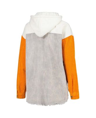 Women's Gray Distressed Tennessee Volunteers Vintage-Like Wash Corduroy Full-Snap Hooded Shacket