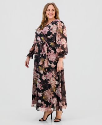 Plus Size V-Neck Belted Long-Sleeve Maxi Dress