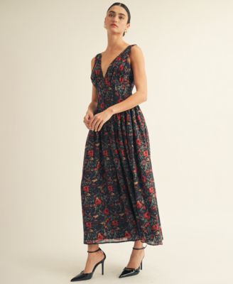 Women’s V-Neck Detailed Floral Printed Maxi Dress