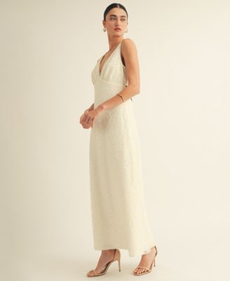 Women's V-Neck Scalloped Lace Tie-Back Slip Midi Dress