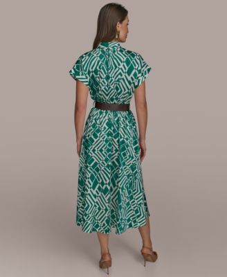 Women's Short-Sleeve Printed V-Neck A-Line Dress with Waist Belt