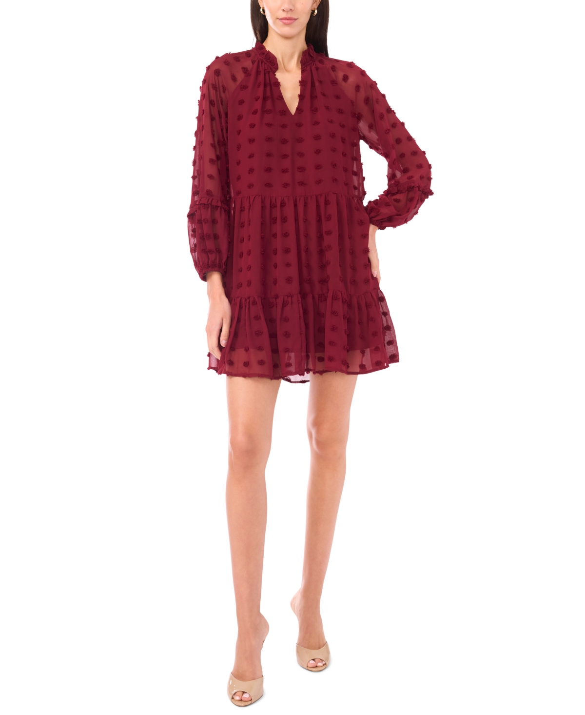 Msk Women's Long Sleeve V-Neck Tiered Babydoll Dress