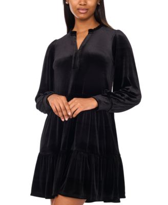 Women's Split-Neck Blouson-Sleeve Tiered Velvet Shift Dress