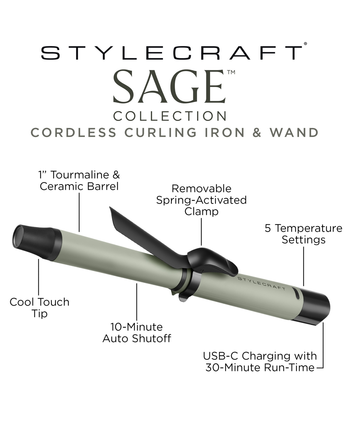 Stylecraft Professional Sage Cordless Curling Wand In Green