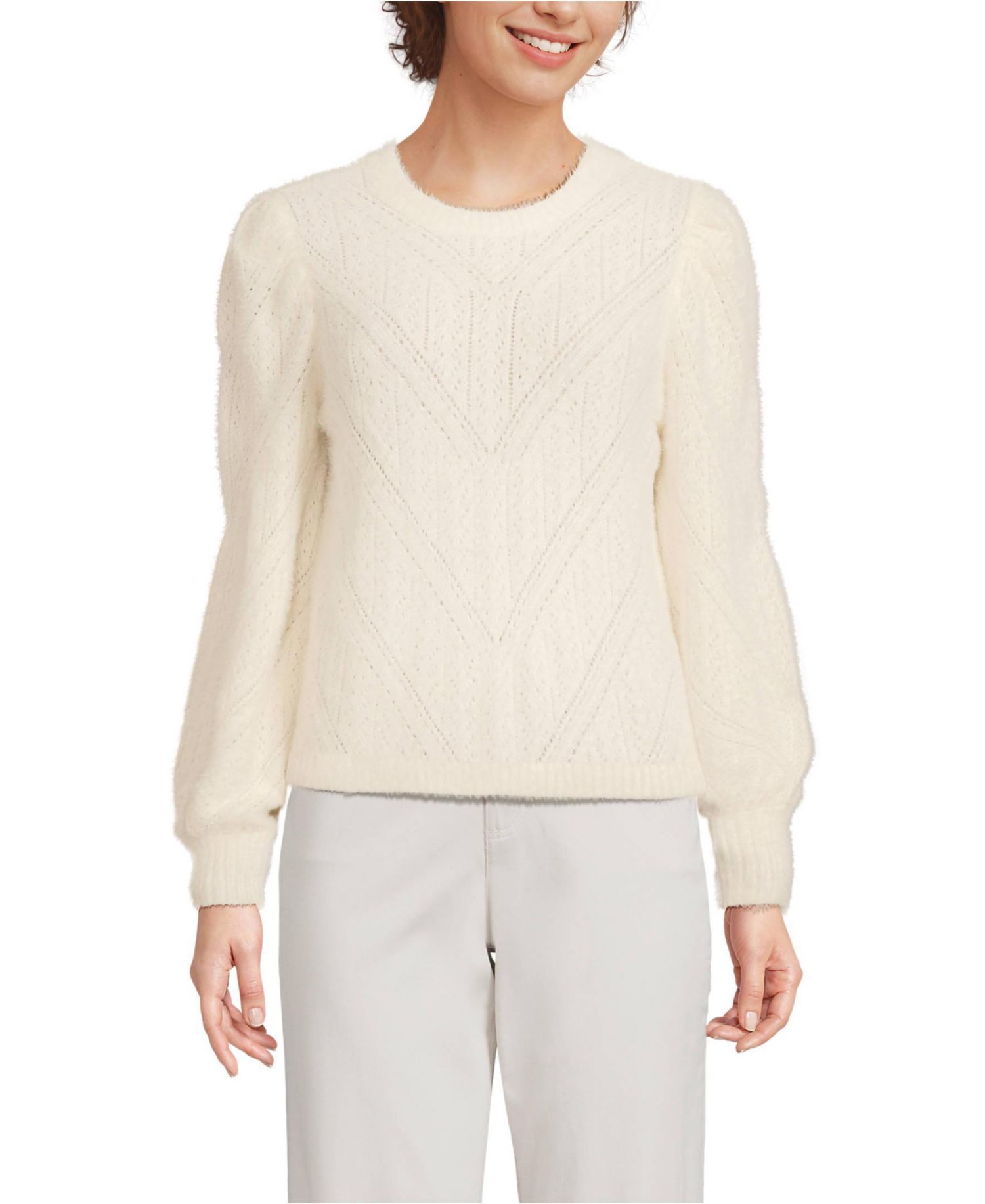 Women's Eyelash Fuzzy Pointelle Puff Sleeve Sweater