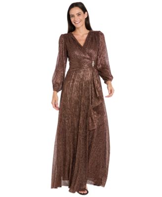 R & M Richards - Petite Long Sleeve Crinkle Pleated Ruffle Cascade Dress