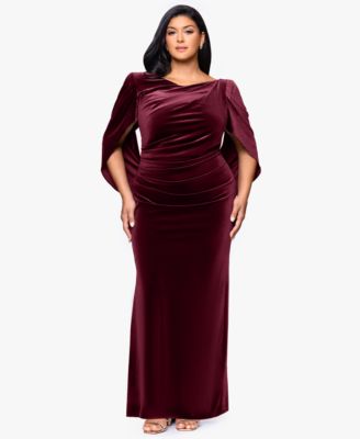 B&A By Betsy and Adam - Plus Size Velvet Boat Neck Long Drape Back Gown