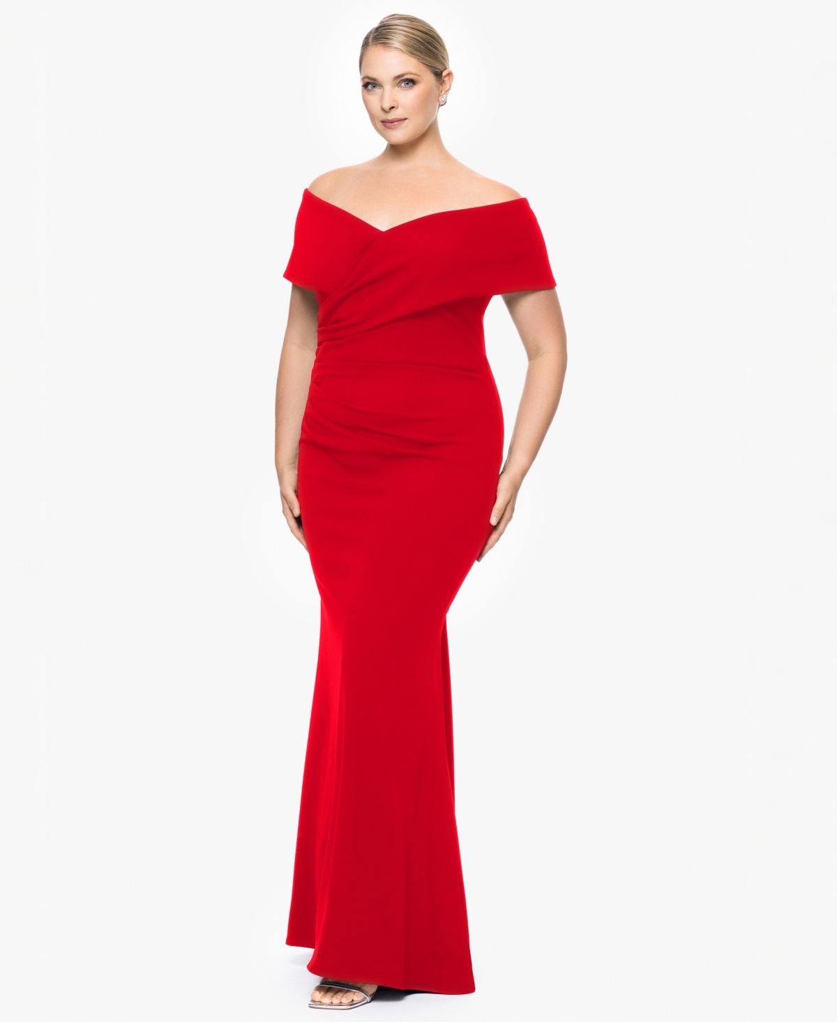Betsy & Adam Plus Size Sweetheart Off-the-shoulder Gown In Red