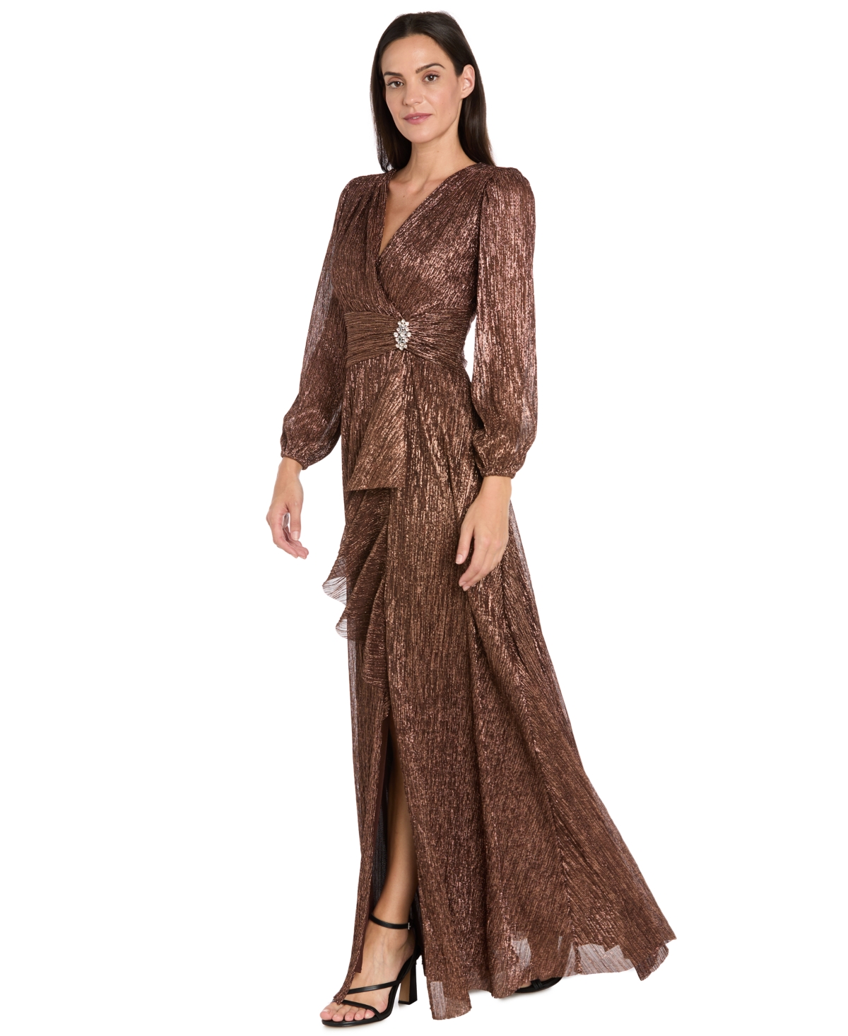 R & M Richards Petite Long Sleeve Crinkle Pleated Ruffle Cascade Dress