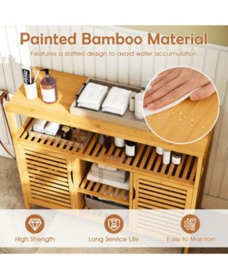 Bamboo Bathroom Cabinet 2-Door Storage Organizer w/ Shelves for Living Room