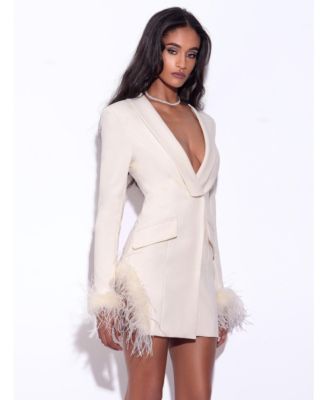 Women Madeline Pearl White Feather Trim Blazer Dress