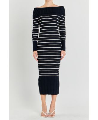 Women's Off Shoulder Fold Striped Maxi Dress