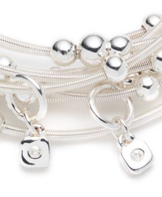 Silver-Tone White Cord Multi-Row Beaded Stretch Bracelet