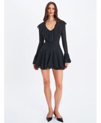 Women Omari Black Chiffon Polka Dot Ruffled Neckline Mini Dress