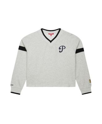 Women's Heather Gray Philadelphia Phillies Cooperstown Collection V-Neck Cropped Toggle Sweatshirt