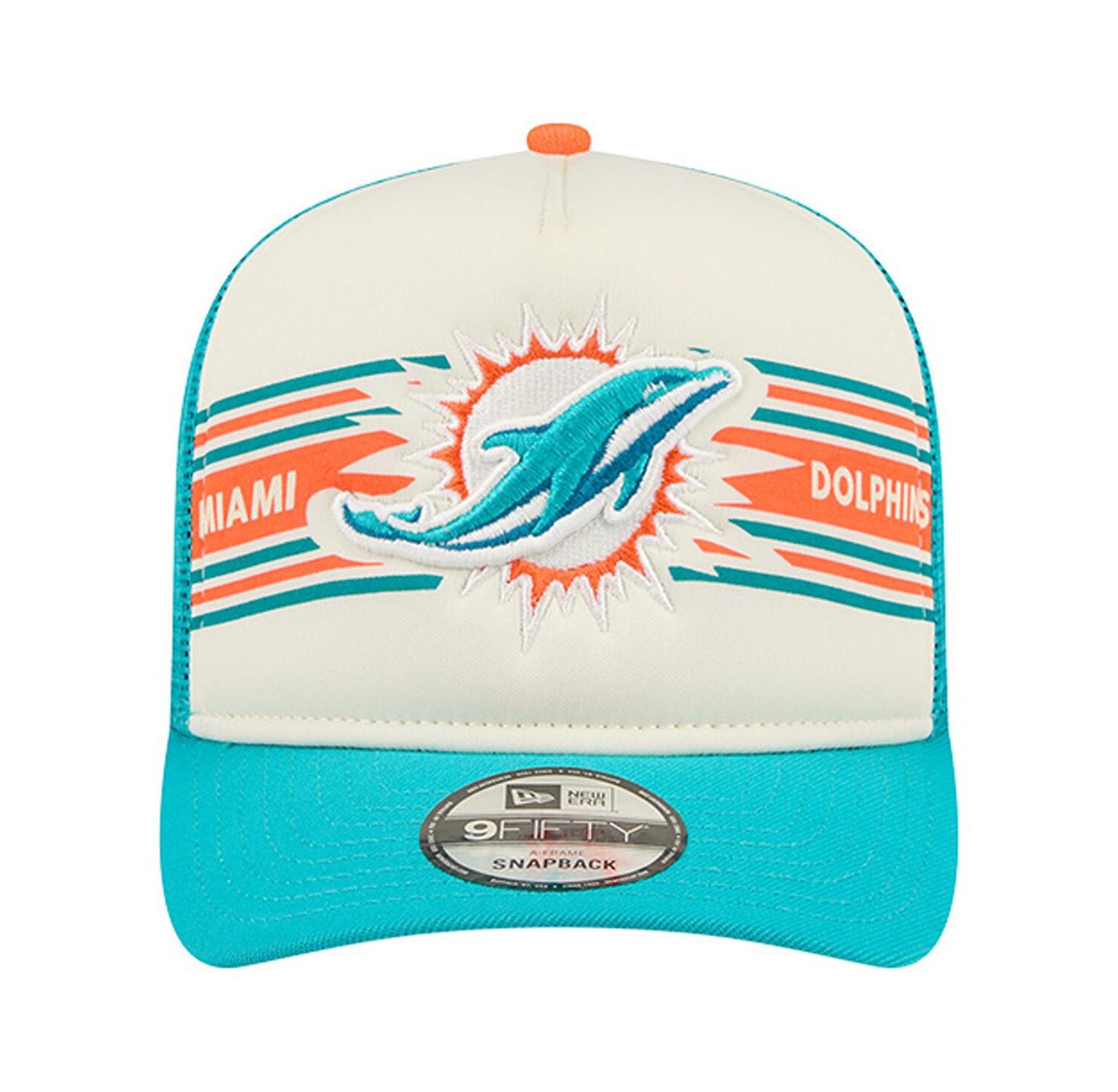 Men's Cream/Aqua Miami Dolphins Banner A-Frame 9FIFTY Trucker Snapback Hat