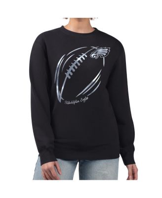 G-III 4Her by Carl Banks - Women's Black Philadelphia Eagles Metallic Print Football Sketch Fleece Crewneck Sweatshirt