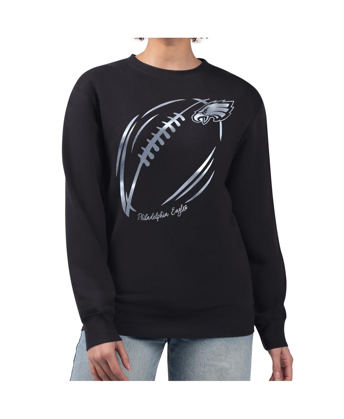 G-iii 4her By Carl Banks Women's Black Philadelphia Eagles Metallic Print Football Sketch Fleece Crewneck Sweatshirt In Black
