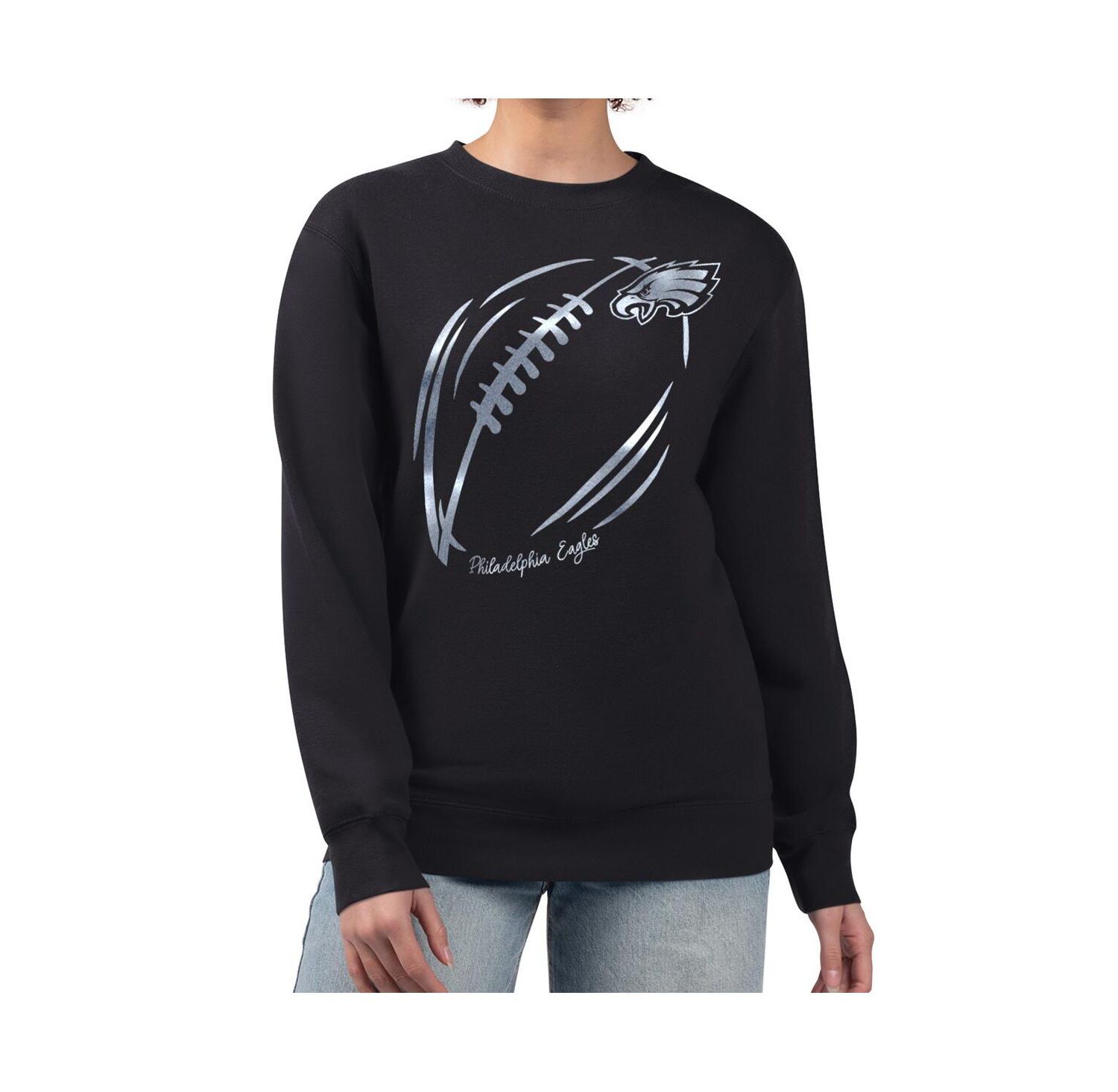 Women's Black Philadelphia Eagles Metallic Print Football Sketch Fleece Crewneck Sweatshirt