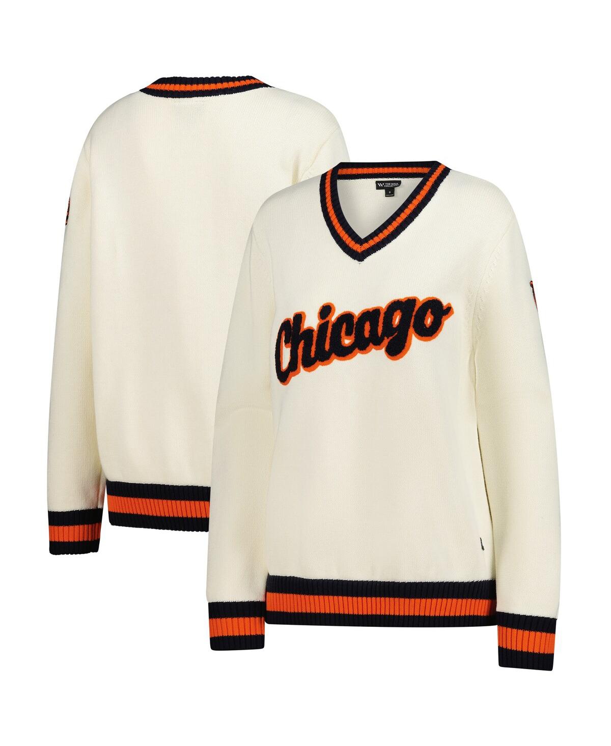 The Wild Collective Women's Cream Chicago Bears Jacquard V-neck Sweater In White