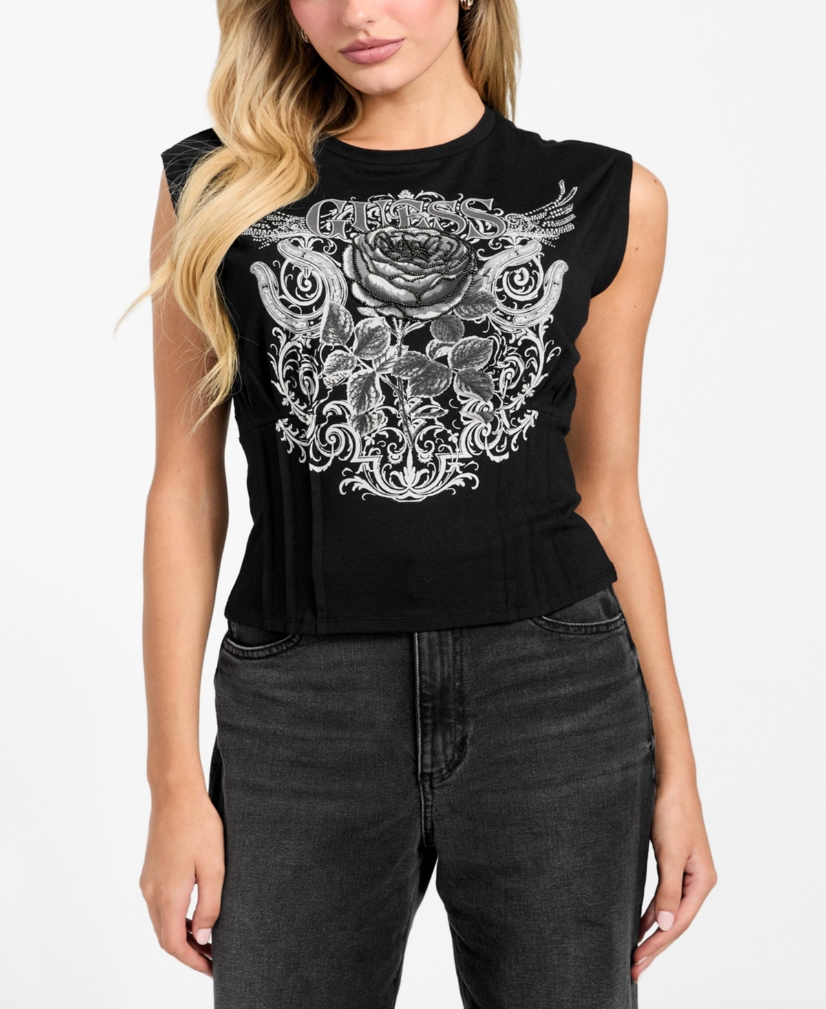 Guess Women's Rose Graphic Corset-Detail Top