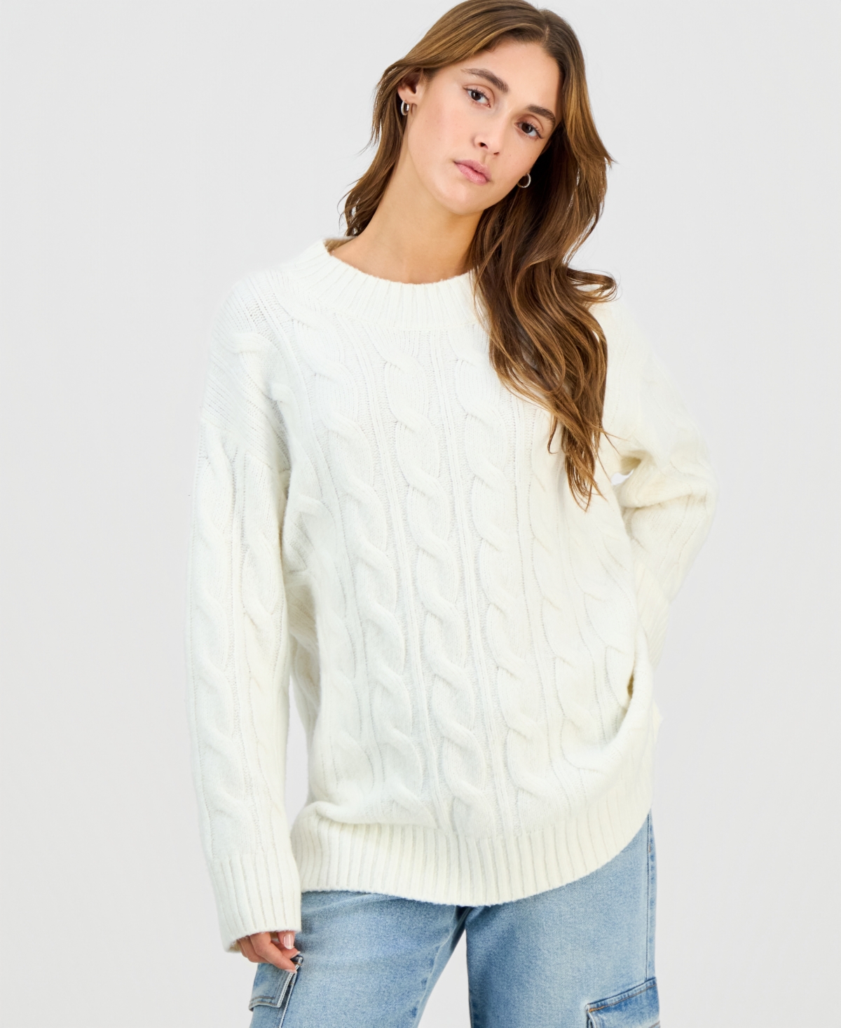 Hippie Rose Juniors' Oversized Cable-Knit Sweater