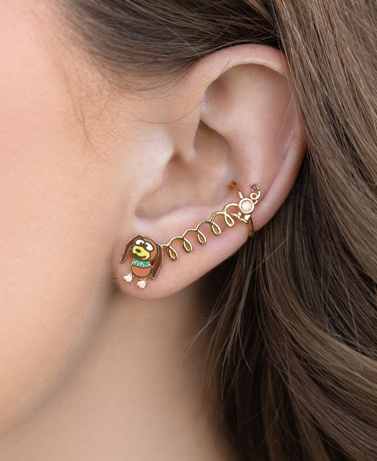 Girls Crew Gold Plated Pixar Toy Story Slinky Dog Enamel Stud and Cuff Earrings