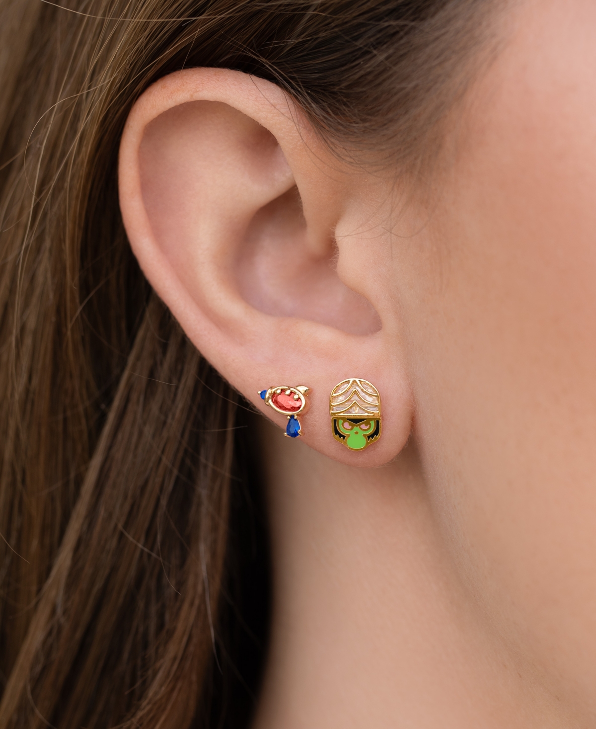Girls Crew Crystal Gold Plated Enamel The Powerpuff Girls Mojo Jojo Stud Earrings In Gold